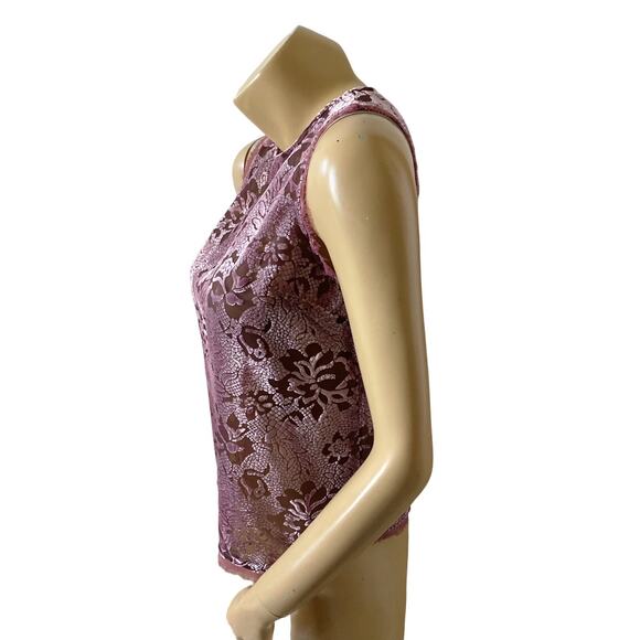 GUESS Womens Size XXS Sheer Sleeveless Mauve Velvet Trim Fringed Tank Top Shirt - Picture 3 of 9